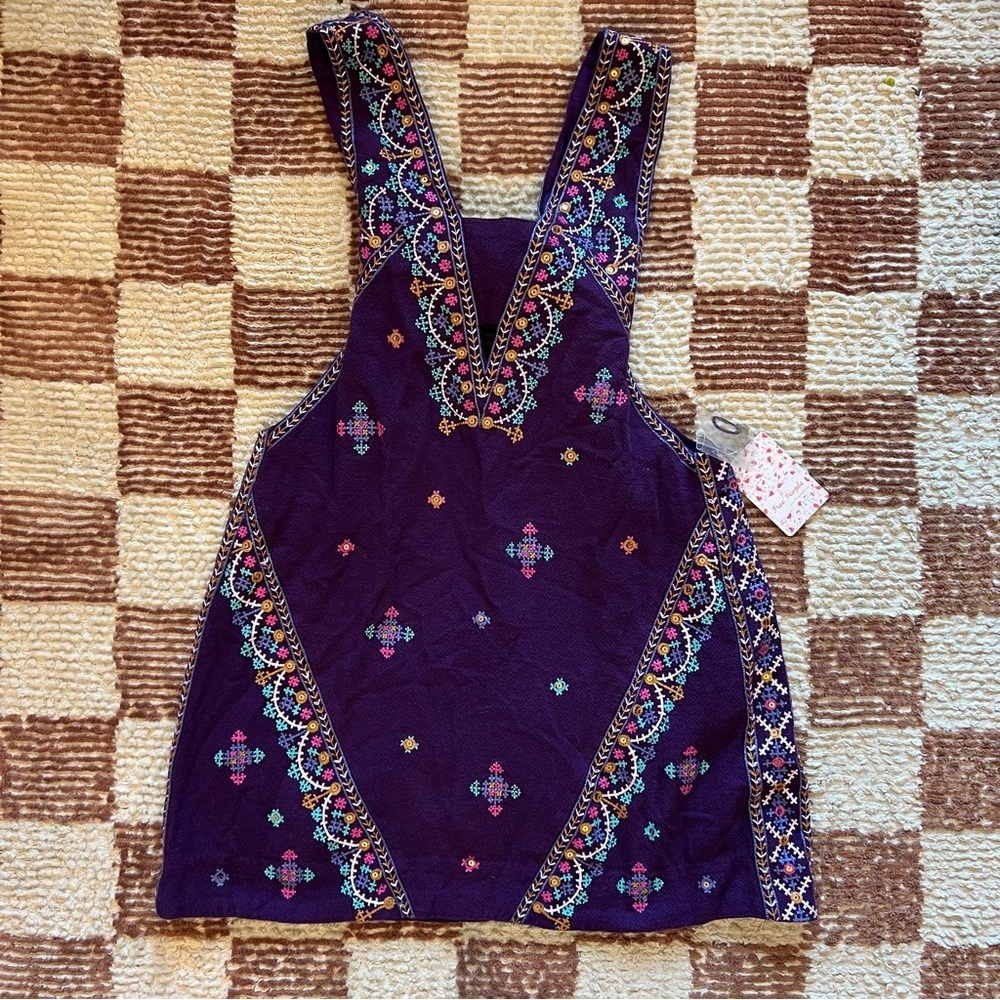 NWT Free People Never Been Purple Embroidered Tie Back Tank Dress Mini Cutout